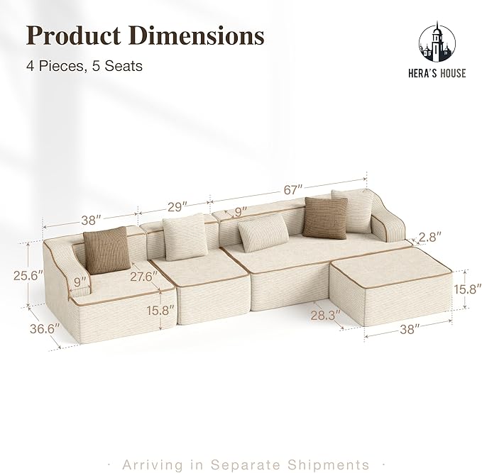 HERA'S HOUSE 134" Cloud Sectional Couch, L-Shaped Modular Upholstered Sofa with Ottoman, Corduroy Boneless Couches with Wide Armrest and 5 Throw Pillows for Living Room, No Assembly Required, Beige