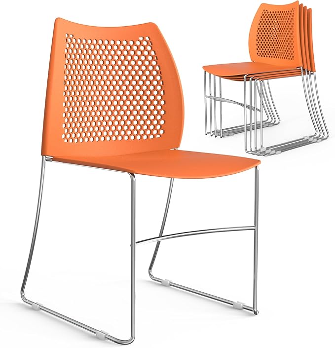 VINGLI Stacking Chairs Set of 5 Stackable Office Chairs with Metal Sled Base, Ergonomic Plastic Seat & Holes Back, Stacking Chairs for Waiting Room Break Room Banquet Guest, Orange