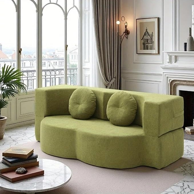 76" Convertible Folding Sofa Bed, 2-in-1 Twin Size Loveseat Sleeper Couch Bed with Two Pillows, Foldable Space-Saving | Design for Dorms Apartments Bedroom& Living Room,No Assemble(Green)