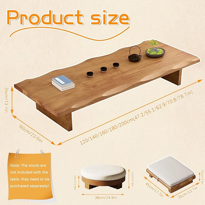 Solid Wood Japanese Tea Table, Simple and Modern Low Design, Tatami Tea Style, Zen-Inspired Kotatsu, Bay Window Seating, Floor Style (Black, 140 * 60 * 35cm)