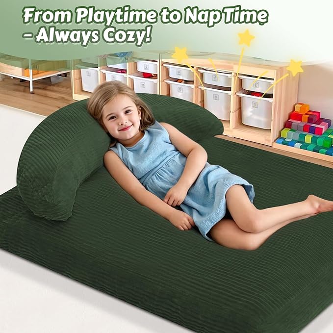 COMAX Bean Bag Chair for Kids, Convertible Toddler Beanbag Bed Corduroy, Children Bean Chair Stuffed to Floor Mattress with Filler, Green