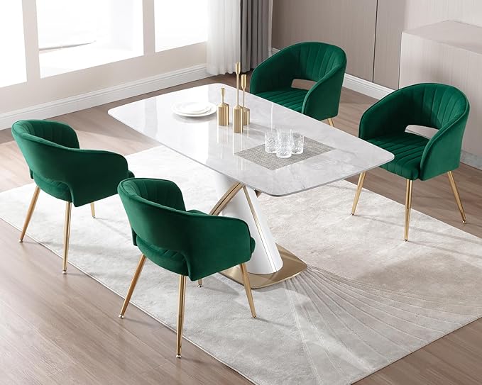 KCC Modern Accent Dining Chairs Set of 6, Upholstered Velvet Dining Room Chairs with Hollow Back, Tufted Kitchen Chairs Side Chairs with Gold Metal Legs for Living Room Restaurant, Green
