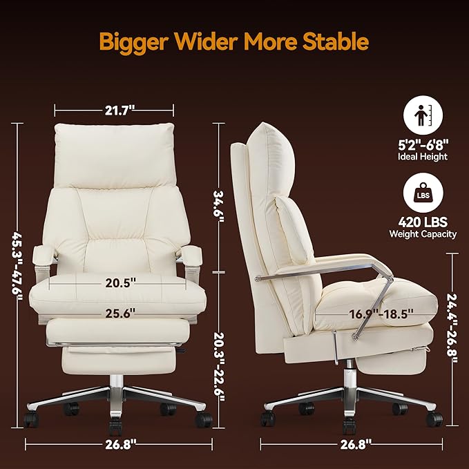 M76 Recline Office Chair with Footrest, 160° Infinite Reclining 10" Thick Executive Desk Chair, 420lb Heavy Duty Big and Tall, Adjustable Seat Depth, Cream