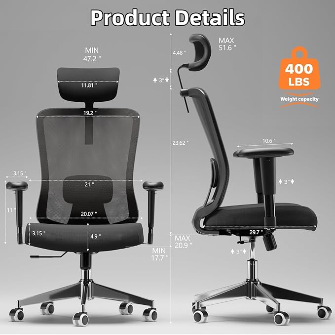 Monhey Office Chair Ergonomic Desk Chair with Lumbar Support&Headrest&Adjustable Arms&Height Rocking Swivel High Back Computer Chair Warm Taupe Mesh Study Chair (08All Black)
