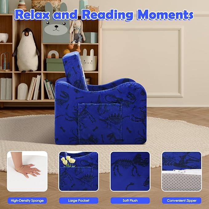 alldomess Comfy Kids Couch, 2-in-1 Folding Kids Sofa Bed for Toddler Boys, Convertible Sofa to Lounger Toddler Couch Chair for Baby Bedroom Playroom Nursery,Roaring Dinosaur