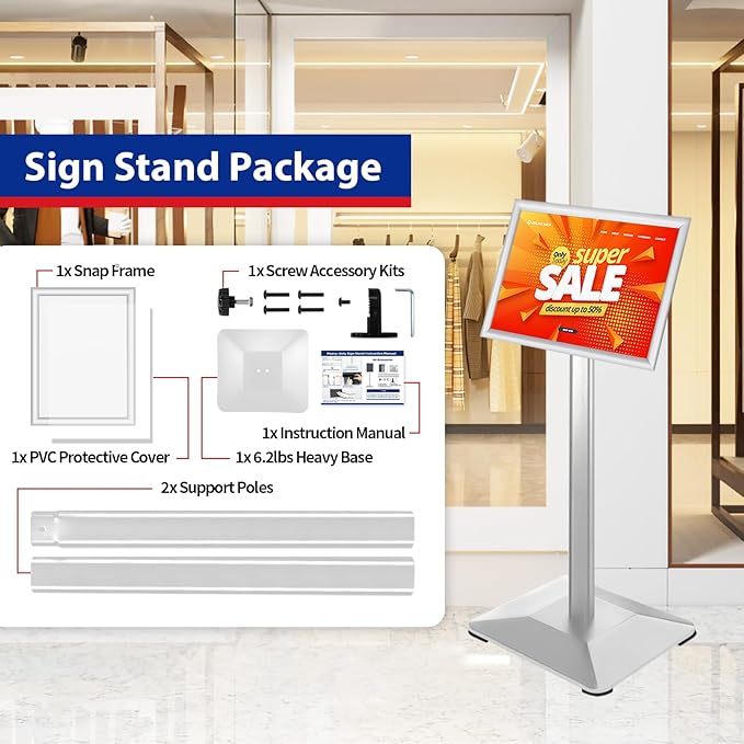 VAIIGO Pedestal Sign holder Stand 8.5x11inch Adjustable Standing Floor Sign Stand with Heavy Base & Snap Frame Display Stand for Indoor Outdoor Business Store Sign Holder Poster Stand (Silver)