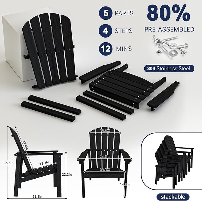 nevilywood Compact Stackable Adirondack Chairs Set of 2, 26.3" Wide HDPE Outdoor Patio Chairs - Durable, Space-Saving Design for Porch, Lawn or Garden, Black