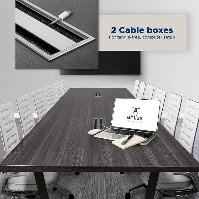 ahliss Sturdy Conference Table with Cable Management Grommets Modern Rectangle Office Meeting Table with Wood Tabletop and Metal Frame & Legs- Easy Assembly Boardroom Table (Grey, 12 Foot)