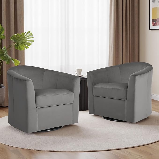 DREAMSIDEA Swivel Accent Chair, Upholstered Velvet Barrel Armchair, Modern Round Single Sofa Seating Comfy Reading Corner Chairs for Living Room Bedroom, Fully Assembled (Velvet Grey, Set of 2)