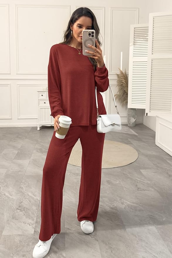 AmazingStar Womens Lounge Set 2025 Fall 2 Piece Outfits Long Sleeve Tops Wide Leg Long Pants Cozy Matching Sets Clothing