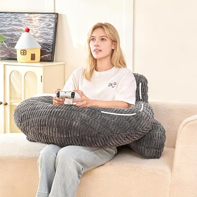 PAJEO Back Pillow for Bed Sitting Up,U Shaped & Back Support Pillow for Bed,17" Backrest with Lumbar & Arm Support,Comfy Corduroy Fabric,Lap Pillow for Gaming/Reading/Watching TV,Gray