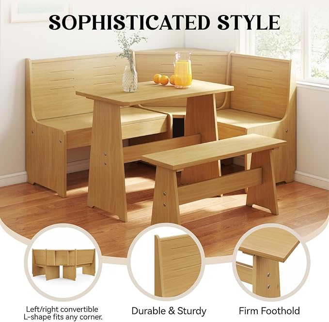 Breakfast Nook Corner Dining Table Kitchen Bench Chair Set, Space-Saving 3-5 People Seat Reversible L-Shape for Family Home Natural Wood