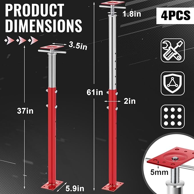 Yaocom 4 Pcs Adjustable Jack Post, 37"-61" Height Range, Basement Floor House Screw Jacks for Lifting Joist Beam Brace for Cellar Ceiling, Center Point Load Capacity 11023 Lbs, Red