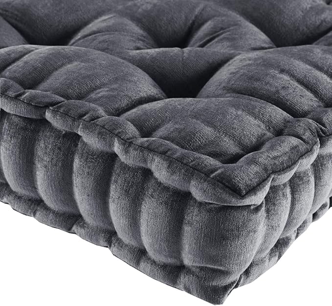 Intelligent Design Azza Floor Pillow, Large Cushions Sitting for Adults, Floor Pillow for Meditation or Yoga, Lustrous Chenille Tufted with Scalloped Edges for Bench/Chair Cushion, 20"x20"x5" Charcoal