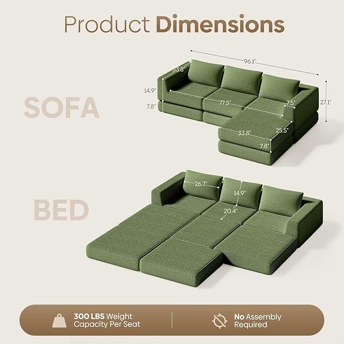 L-Shaped Corduroy Modular Sectional Couch, Modern Floor Couch Sofa for Apartment Living Room, Convertible Sleeper Sofa Bed with 3 Pillows, No Assembly Required, Green