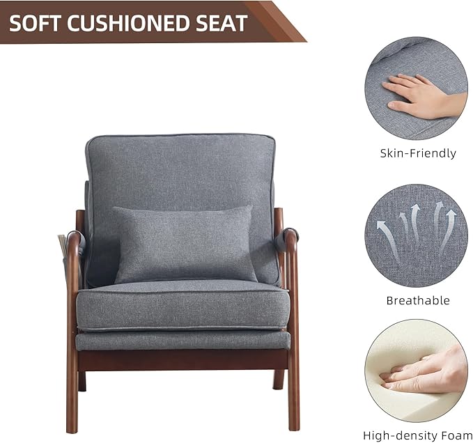 CANMOV Mid Century Modern Accent Chair with Extra Side Storage Pocket Upholstered Reading Armchair with Waist Cushion, Accent Chair for Living Room Bedroom, Easy Assembly, Grey
