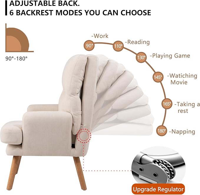 KGOPK Accent Chair with Ottoman,Comfy Armchair with Adjustable Backrest,Fabric Lounge Chair Single Sofa for Living Room,Bedroom,Office,Beige