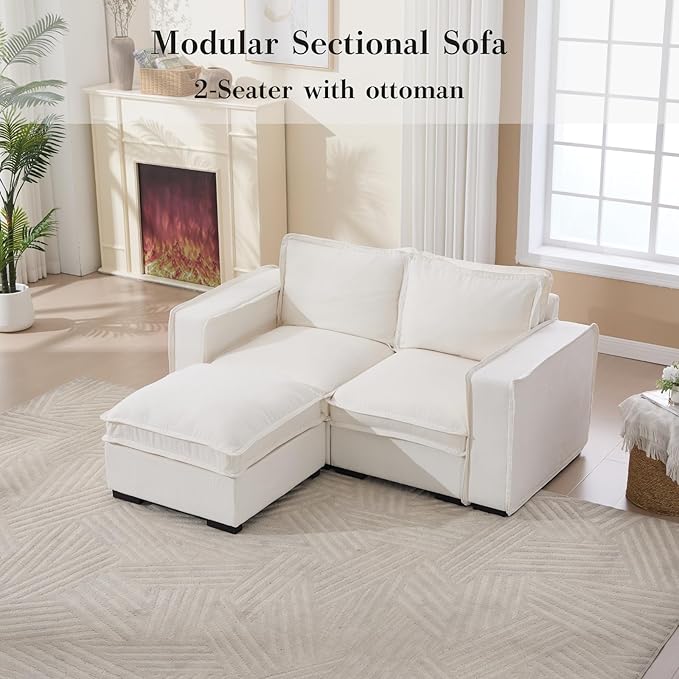 HEAY-YO 67 Inches Modern Modular Sectional Sofa,L Shape 2-Seater Comfy Couch with Moveable Ottoman,Floor Sofa for Living Room Bedroom Apartment,Linen White