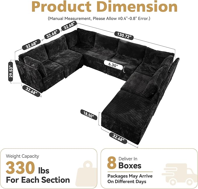 CAODOC Large 8 Seat Modular Sectional Sofa with Ottoman Seat Corduroy Sleeper Sectional Sofa Bed Oversized Convertible Modular Couch for Living Room