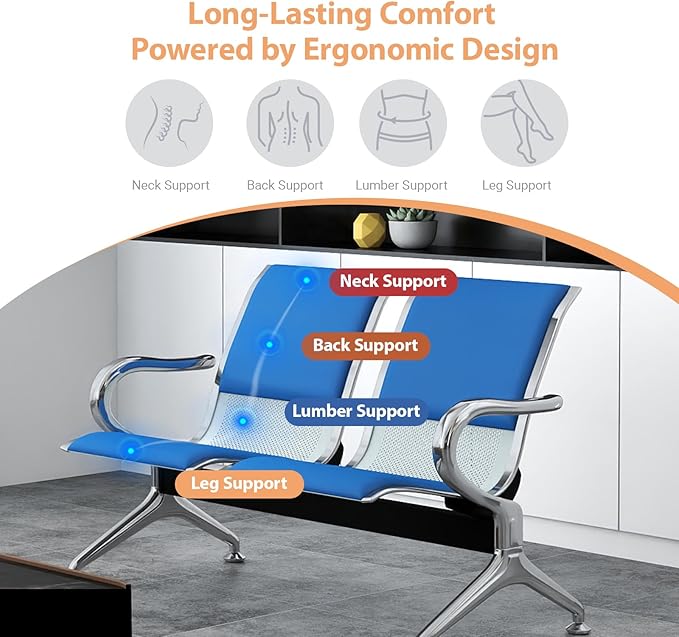 Kinfant 4-Seat Waiting Room Chairs with Arms – Heavy-Duty Steel Frame PU Leather Back & Cushioned Seat, Ergonomic Office Reception Guest Chair for Lobby, Clinic, Airport, Blue