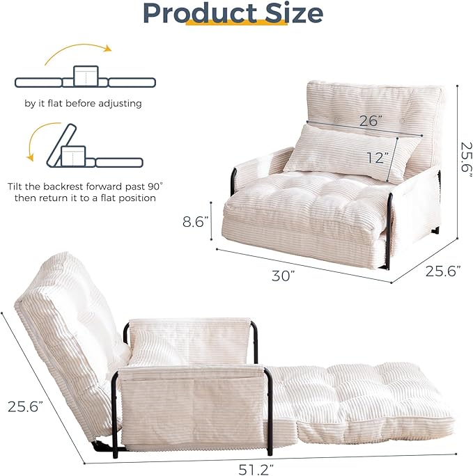 MAXYOYO Adjustable Floor Sofa Couch with Pillow, Multi-Functional Bean Bag Bed, 5-Position Foldable Lazy Sofa Sleeper Bed with Armrest, Versatile Floor Seating for Reading Gaming, Beige, Single