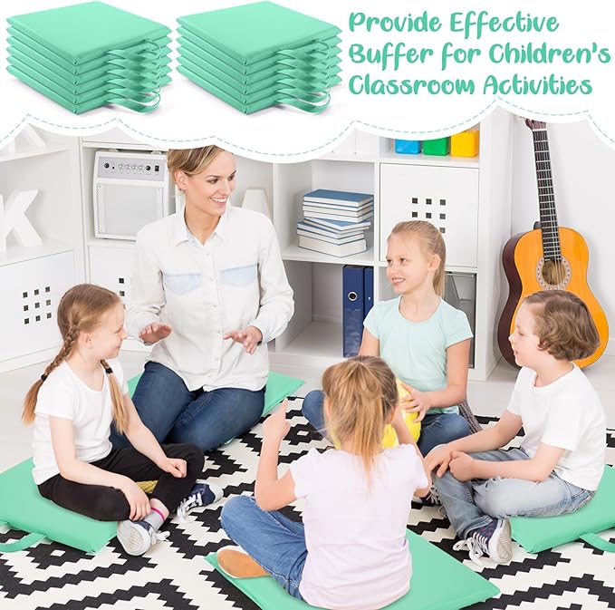 Suzile 12 Pcs 12'' Square Floor Cushions for Kids Classroom Flexible Floor Seating Elementary with Handles Classroom Carpet Cushions for Adults Toddlers Daycare Preschool School(Mint Green)