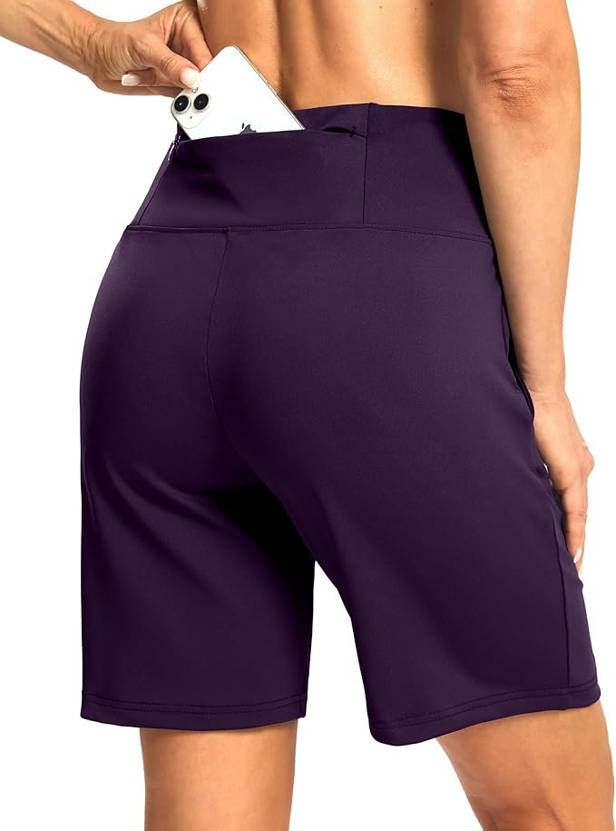 Women's Athletic Shorts with Zipper Pocket 7" High Waisted Stretchy Bermuda Shorts for Women Workout Running Casual