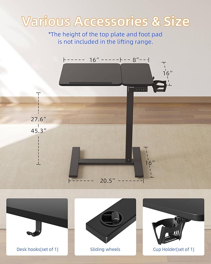 YIHAYO Electric Adjustable Overbed Bedside Table with Wheels, 24 x 16 Inches Mobile Standing Desk, Laptop Desk, Movable Overbed Tables Hospital Home Use, Black