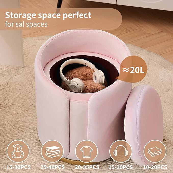 Vanity Chair with Storage, Round Velvet Vanity Stool No Wheels, Swivel Ottoman Chair with Upholstered for Women, Makeup Chair Accent Stool with Back for Living Room, Bedroom, Gold Base, Pink