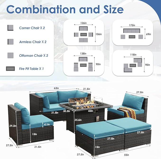 RADIATA 7 Piece Wicker Patio Furniture Set with Fire Pit, All-Weather Outdoor Sectional Couch High Back Large Size, Modular Backyard Seating Sofa Set with Propane/Natural Gas Firepit Table, Grey&Teal