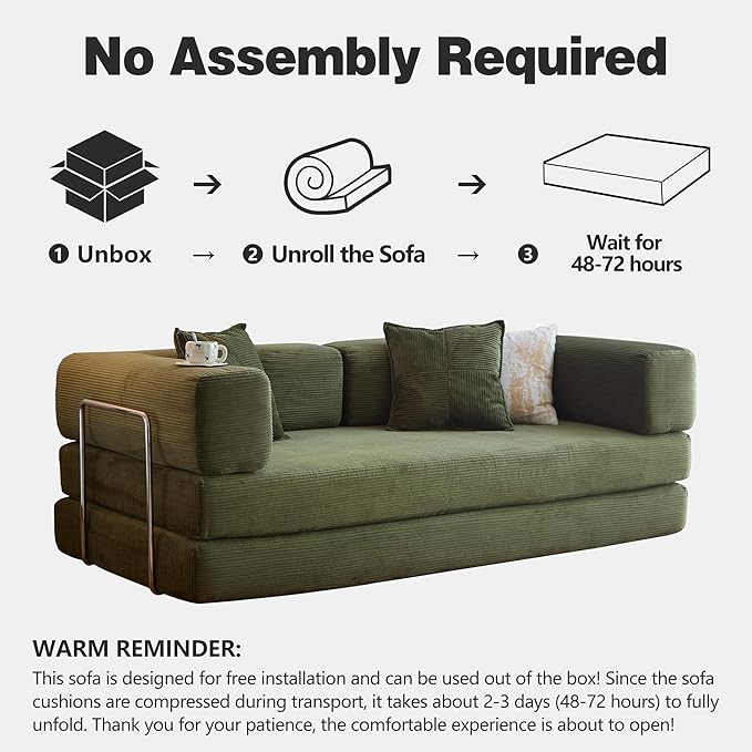 LIAROO 78.8" Convertible Sofa Bed -Compression Sofa with Corduroy Fabric - with Armrests and Backrest - Modular Sectional for Living Room, Bedroom, Studio - Compression Sofa in Box(Green)