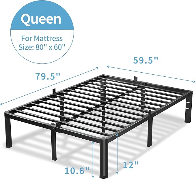 VIPSHOW 12 Inch Queen Bed Frame, 3500Lbs Heavy Duty Metal Platform with Round Corner Legs Mattress Slide Stopper, Steel Slat Support No Box Spring Needed, Noise Free, Non-Slip, Easy Assembly