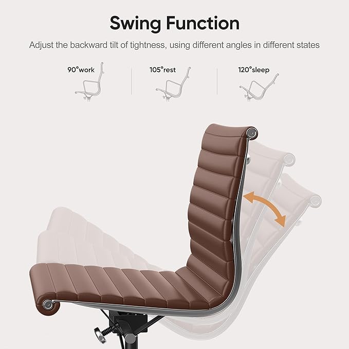 OTDMEL Armless Ribbed Office Desk Chair with Top Grain Leather, Mid Back Ergonomic Swivel Room Chair, Adjustable Height 5-Star Base, Brown