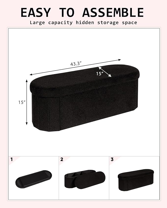 Storage Ottoman Bench, 43.3" Oval Upholstered Ottoman Foot Rest Foldable Boucle End of Bed Storage Bench for Living Room, Entryway, Black