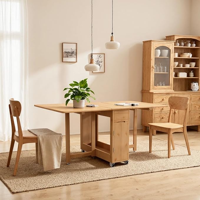 Folding Drop Leaf Dining Table with 2 Storage Space and 4 Lockable Wheels, Convertible Dining Table cart for Small Spaces Dining Room. (Wood)