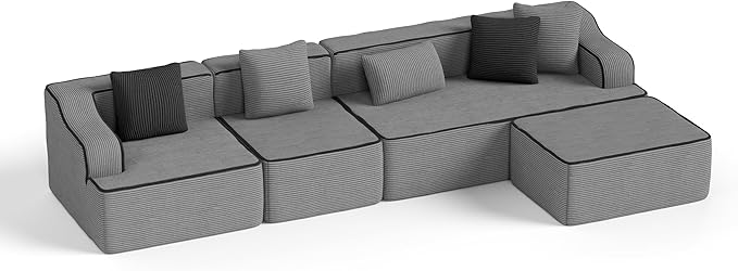 PHI VILLA Cloud Modular Couch Sets, 134" L-Shaped Sectional Sofa with Movable Ottoman, 5-Seater Couches with Deep Seat for Living Room, No Assembly Required, Corduroy, Grey