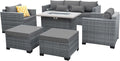 Lviden 6 Pieces Wicker Patio Furniture Sets Outdoor Conversation Set HDPE Rattan Sectional Sofa Couch with 45" Fire Pit Table and Grey Cushions