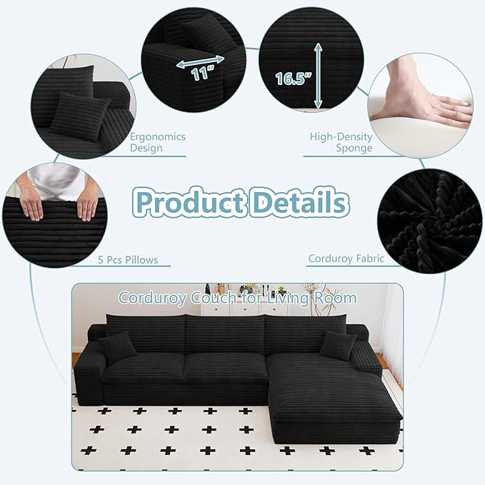 107" Cloud Sectional Couch with L-Shape Chaise, Modern Corduroy Viral Boneless Sofa for Living Room,Memory Foam Couches in a Box with Deep Seat,No Assembly Required (Jet Black,Right-Facing Chaise)