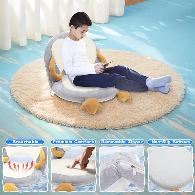 Floor Chair for Kids, Penguin Floor Seating with Back Support 5 Adjustable Position Ideal for Reading Gaming Meditating Yoga, Kids Chair for Daycare Preschool Classroom (Grey)