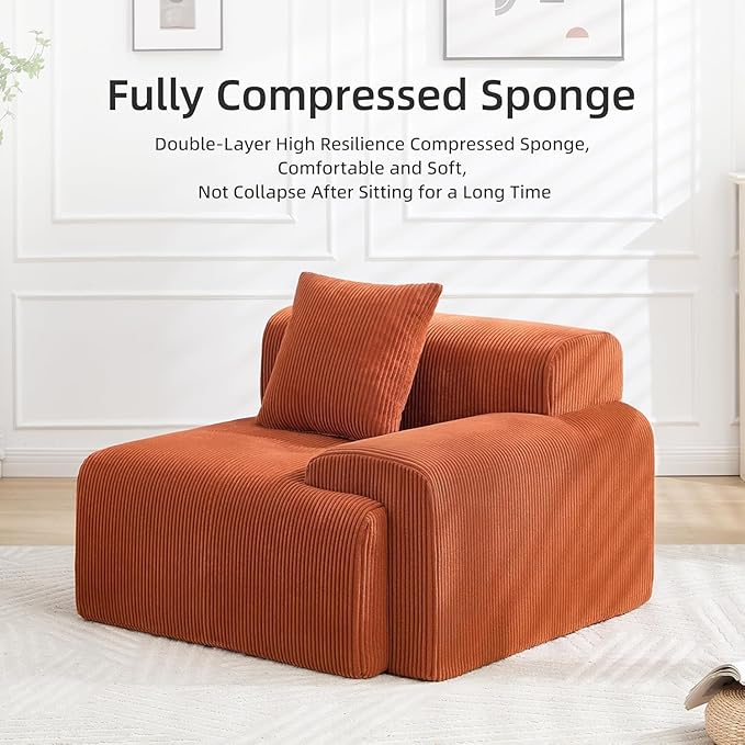 118" Modular Sectional Sofa, Cloud Sectional Couch with Chaise, Modern Boneless L-Shaped Sofas with Deep Seat, Upholstered Comfy Couches for Living Room, No Assembly Required, Plush Corduroy,Orange
