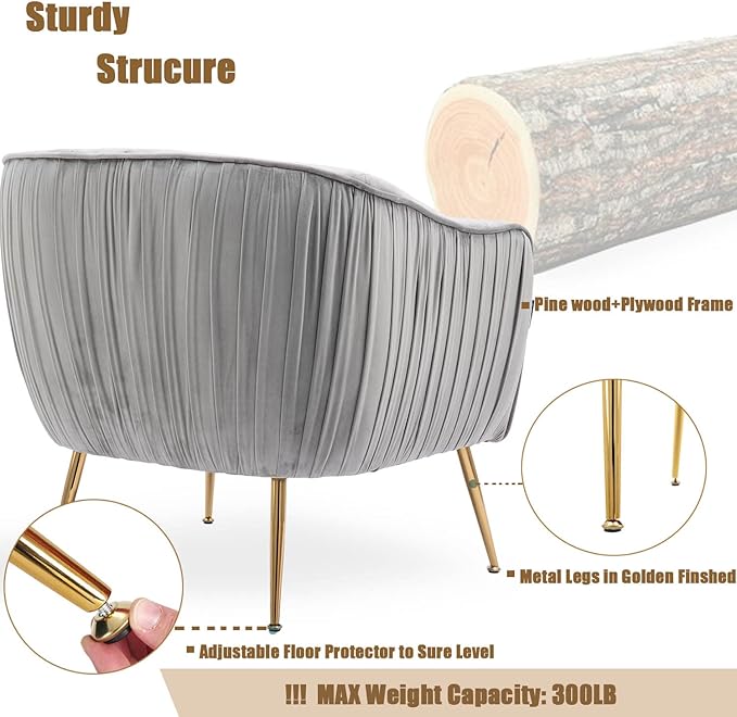 Altrobene Velvet Accent Chair, Modern Barrel Chair, Living Room Bedroom Arm Chairs, Golden Finished, Grey