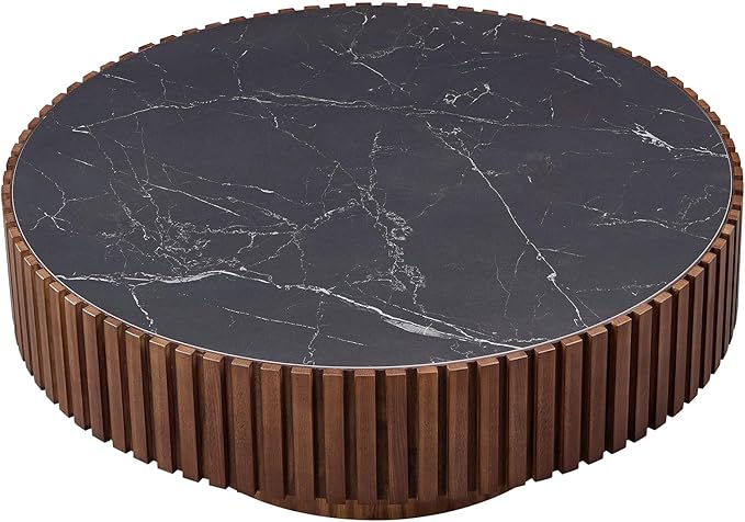 35.43''/90CM Modern Drum Coffee Table, Luxury Circle Wood Coffee Table for Apartment,Small Space (Walnut, Ø35.43 x 13.77 Sintered Stone Tabletop)