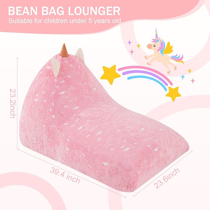 COMAX Unicorn Bean Bag Chairs for Kids, Kid Beanbag Chair with Filler, Toddler Lounge Bean Chair, Children Lazy Floor Lounger for Girls Boys, Glowing Pink Unicorn