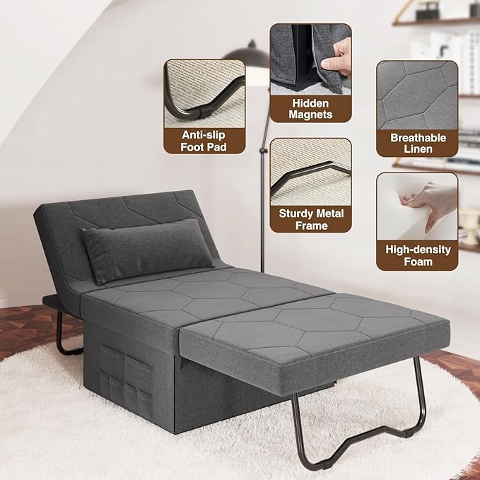 4 in 1 Sleeper Chair, Convertible Sleeper Sofa with Ottoman, Ottoman Bed for Adults, Sofa Bed with Adjustable Backrest for Living Room Apartment Office, Light Grey