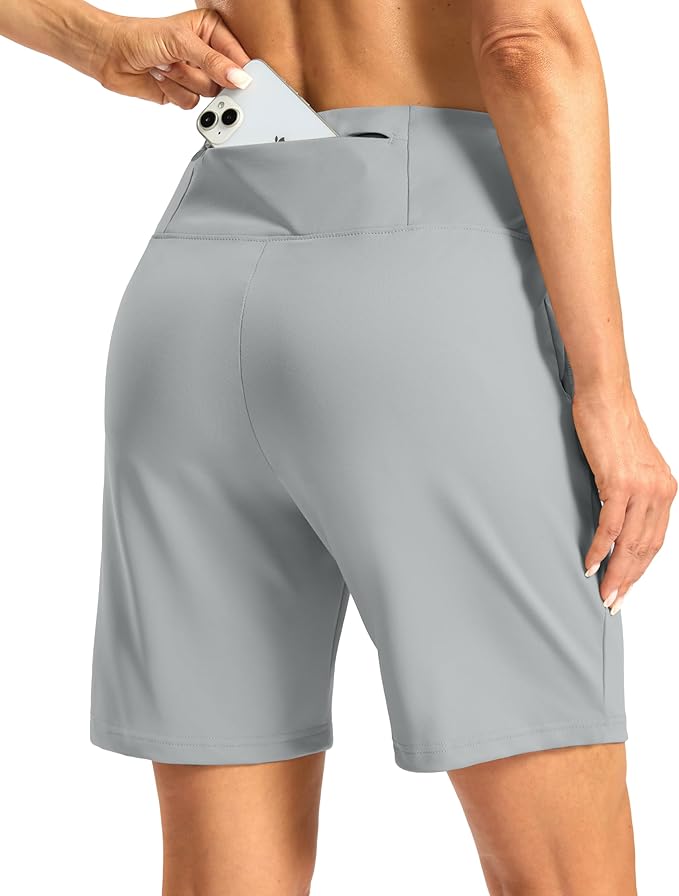 Women's Athletic Shorts with Zipper Pocket 7" High Waisted Stretchy Bermuda Shorts for Women Workout Running Casual
