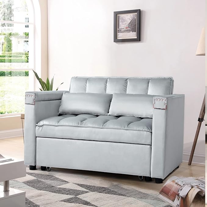 ORRD Convertible Sofa Bed,3-in-1 Multi-Functional Velvet Sleeper Couch Pull-Out 48'' Loveseat Bed Chaise Lounge with Adjustable Backrest and Pillows,Hidden Side Table for Living Room,Small Space Grey