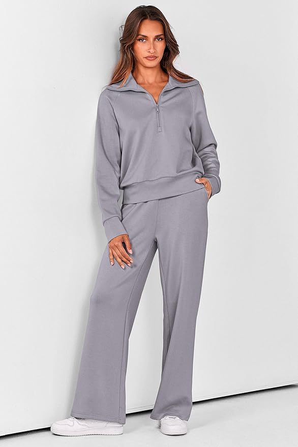 PRETTYGARDEN Women's 2 Piece Outfits Casual Lapel Half Zip Sweatshirts and Wide Leg Pants Tracksuit Sets