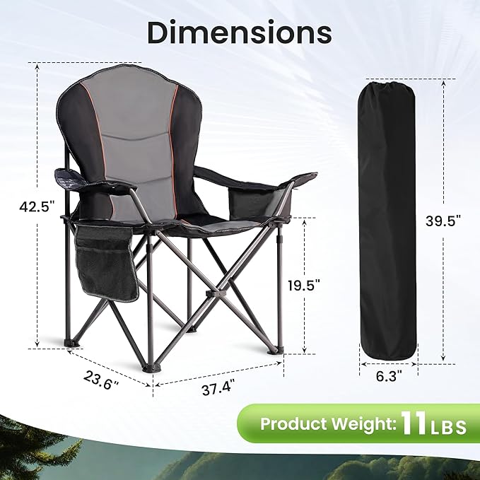 Oversized Camping Chair Heavy Duty 500LB - Portable Folding Chair with Cooler Bag, Cup Holder & Waterproof Phone Case for Adults, Beach, Hiking, Backyard (Black & Gray, 2 PCS)