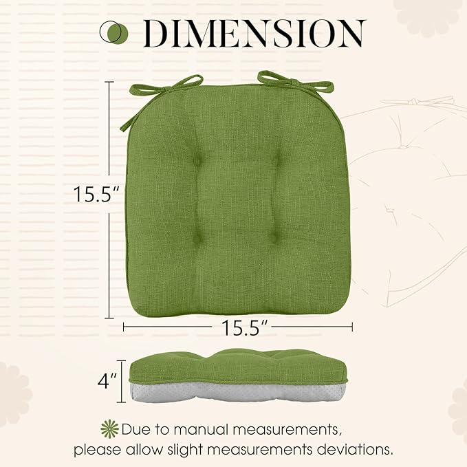 Basic Beyond Chair Cushions for Dining Chairs 4 Pack, Chair Cushion with Ties and Non Slip Backing, 15.5 x 15.5 inches Tufted Chair Pads for Dining Chairs(Grass Green)