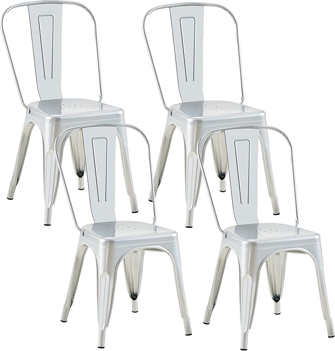 Metal Dining Chairs Set of 4,Stackable Tolix Chair Indoor/Outdoor for Kitchen,Cafe,Restaurant,Bistro & Patio Multiple Colors(Silver)